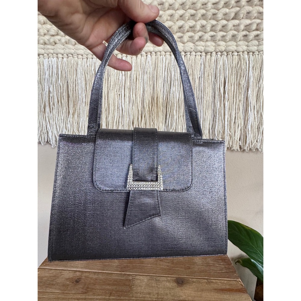 90s Vintage Stuart Weitzman Metallic Silver Fabric Crystal Buckle Evening Bag